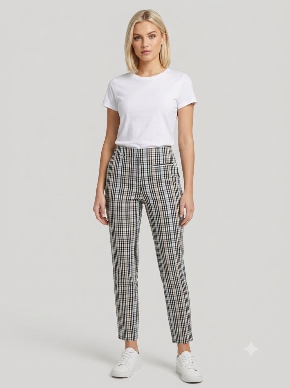 Blue, Cream & Gray Plaid Cropped Slim Pants Neutral Trousers Size 6 Cotton